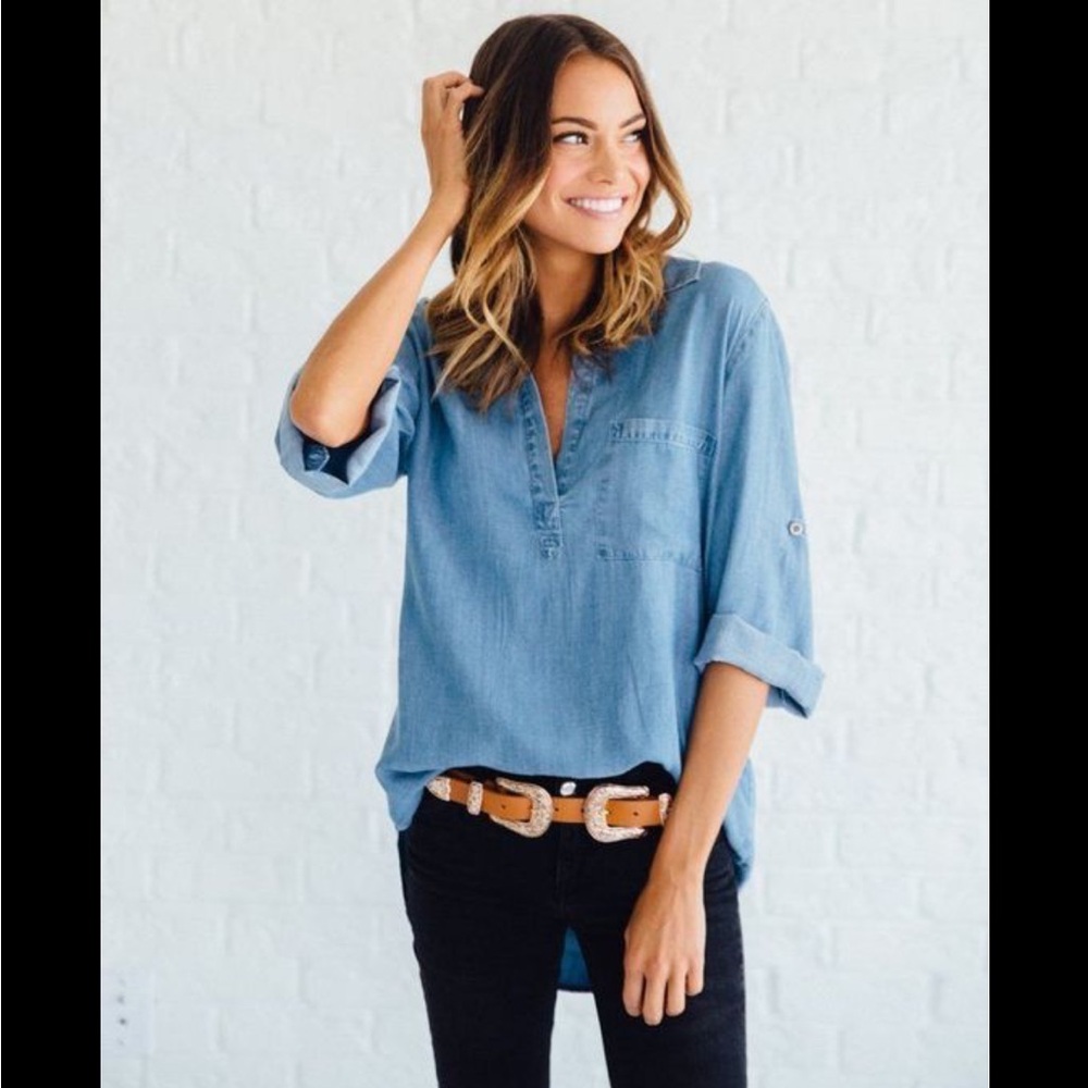 LOFT Blue Cuffed Sleeve Blouse with Mandarin Collar